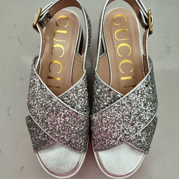 Gucci Women's Silver Glitter Slingback Platform Sandals Size 7 NIB - Picture 2 of 9